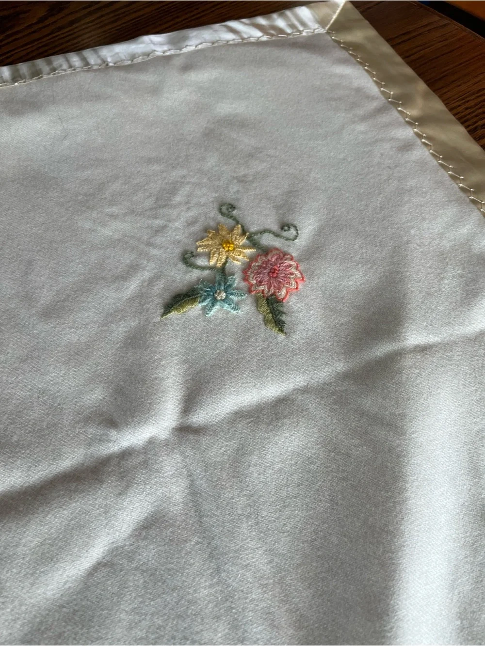 Vintage  Embroidered Floral Blanket Throw- Cream with Pastel Bouquet Silk Edging